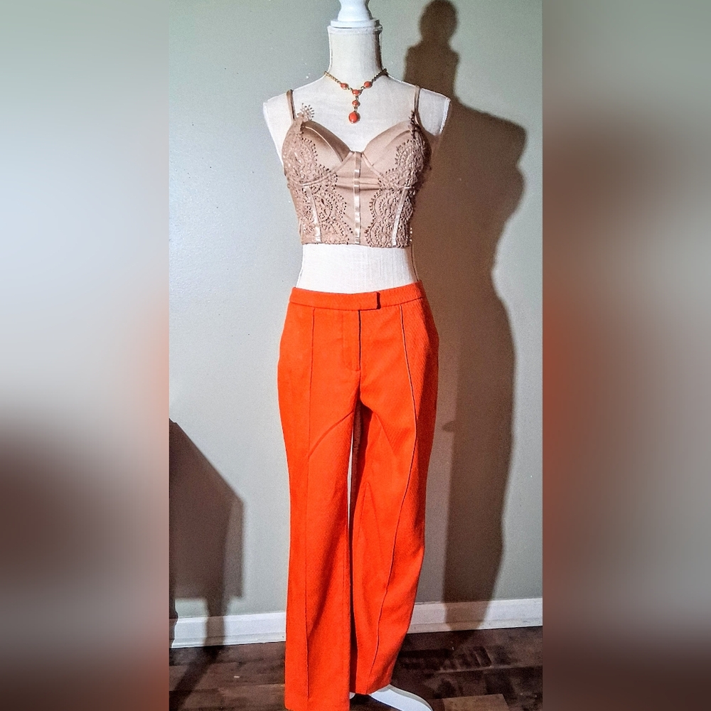 Dalia Orange Slacks - Straight Leg, Diamond Pattern - Fitted Band Waist - Size 8